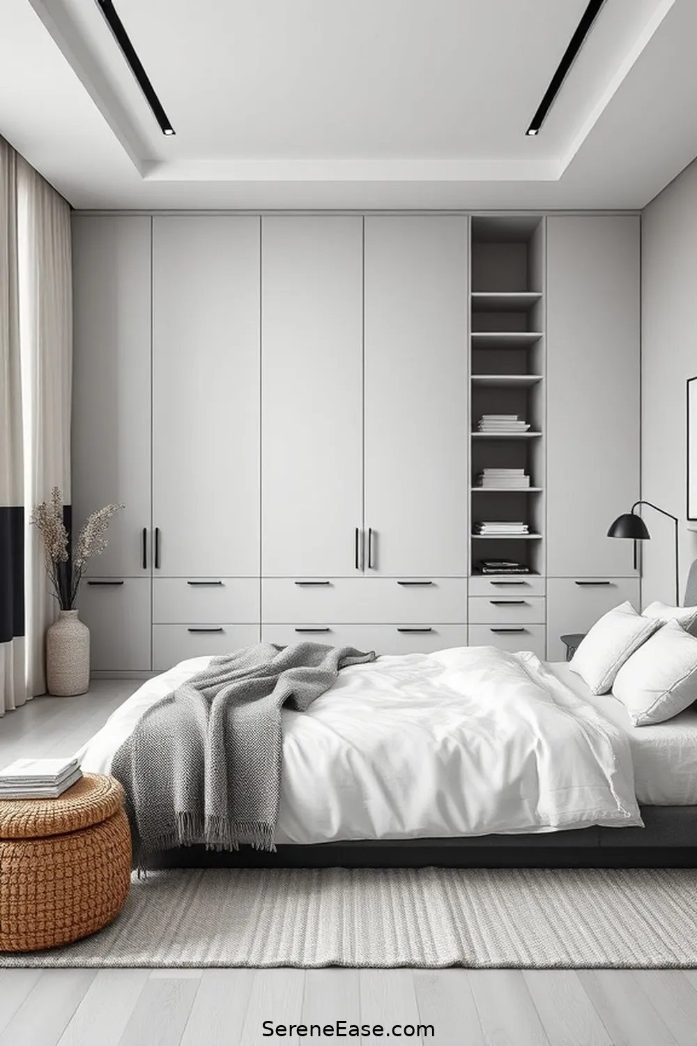 Utilize Multi-Functional Storage Solutions for Achieve a Monochromatic Scandinavian Bedroom in 19 Ways