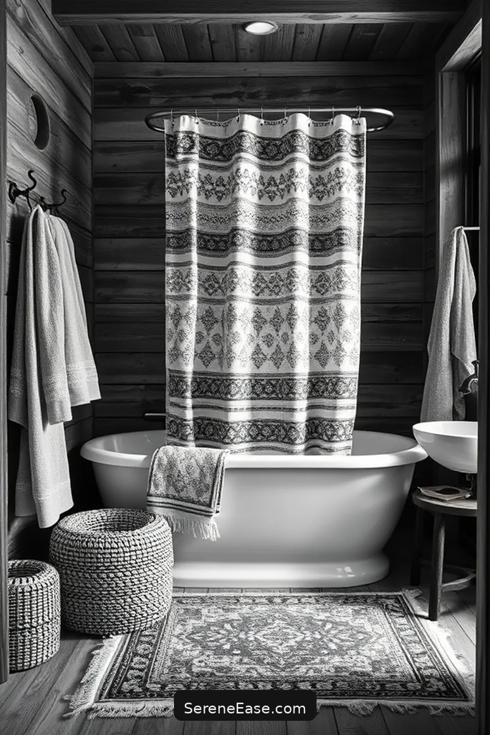 Designing With Textiles for Achieving a Black and White Rustic Bathroom Style