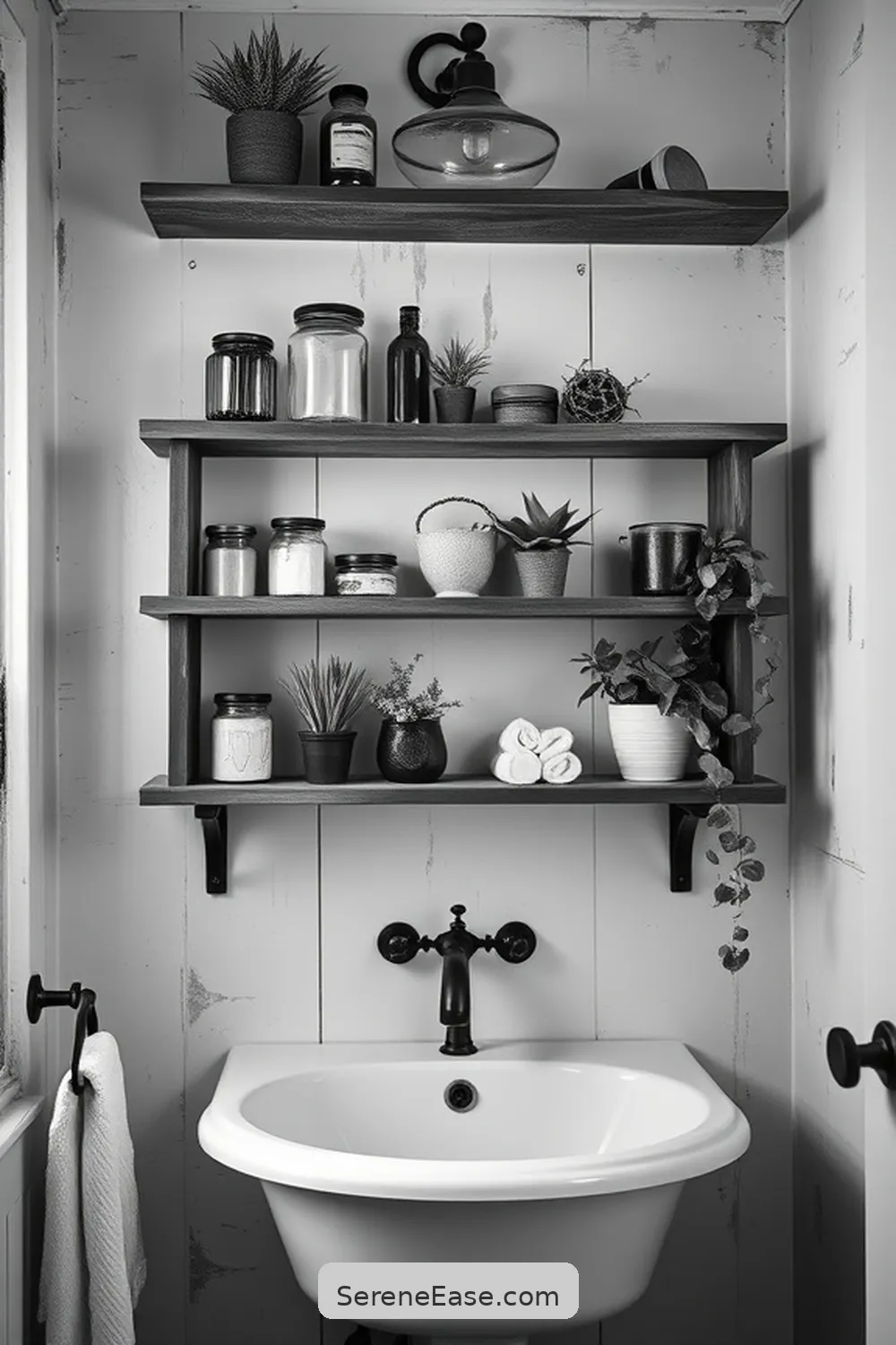 Utilizing Open Shelving for Storage for Achieving a Black and White Rustic Bathroom Style