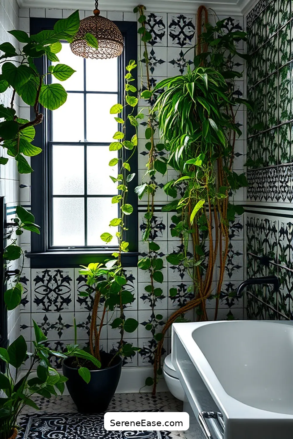 Create a Bohemian-Inspired Black and White Bathroom Style 5 Add Greenery for a Touch of Nature for Create a Bohemian-Inspired Black and White Bathroom Style