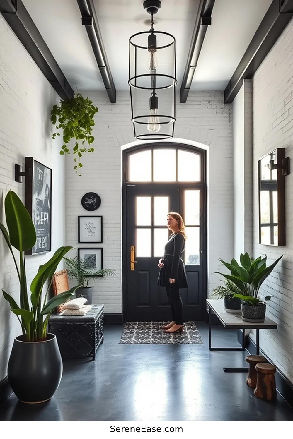 Create a Stunning Black and White Industrial Style Entryway 11 Adding Greenery for Contrast for Create a Stunning Black and White Industrial Style Entryway