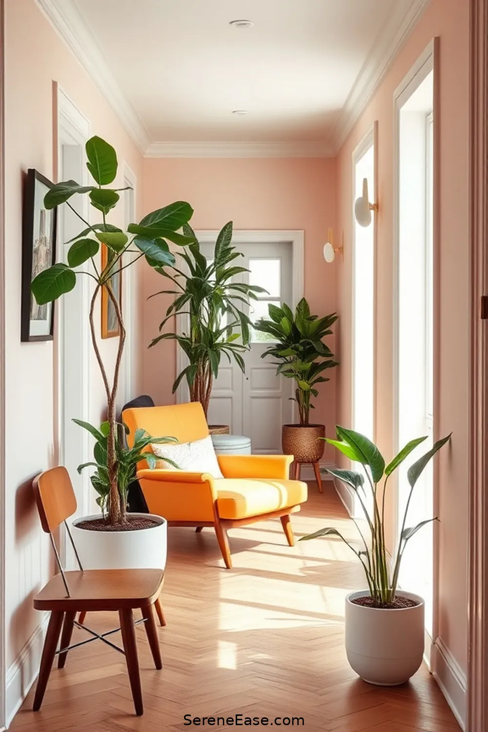 Creating a Chic Hallway With Pastels in Mid-Century Modern Style 12 Adding Greenery for a Fresh Touch for Creating a Chic Hallway With Pastels in Mid-Century Modern Style