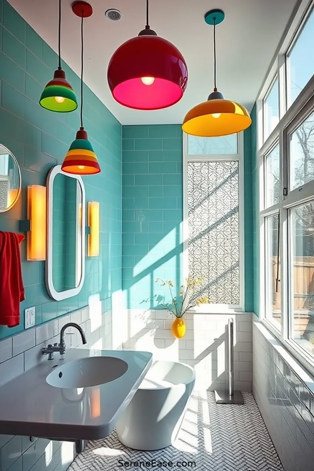 Design a Bold and Bright Bathroom in Mid-Century Modern Style 9 Lighting That Makes a Statement for Design a Bold and Bright Bathroom in Mid-Century Modern Style