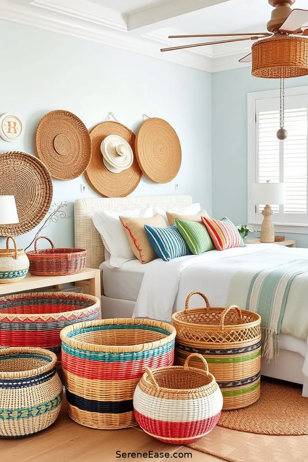 Use Woven Baskets for Storage for Embrace Bold and Bright Coastal Style in Your Bedroom: 16 Ways