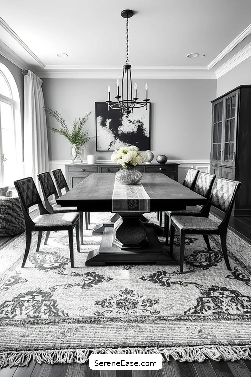 How to Create a Stunning Black and White Dining Room in Modern Farmhouse Style 9 Layering Rugs for Warmth for How to Create a Stunning Black and White Dining Room in Modern Farmhouse Style