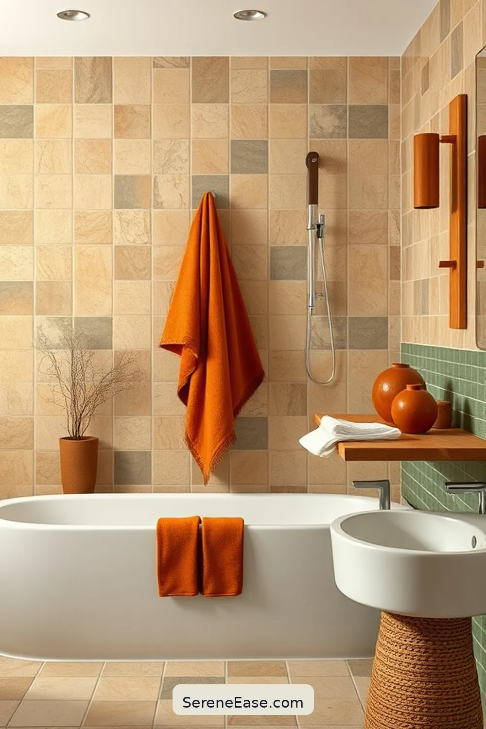 Incorporating Earth Tones in a Mid-Century Modern Bathroom Style 5 Textiles and Accessories to Enhance the Look for Incorporating Earth Tones in a Mid-Century Modern Bathroom Style
