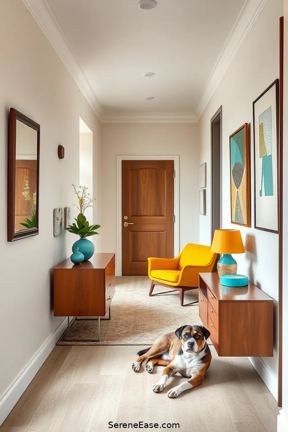 Creating Contrast With Accent Colors for Incorporating Neutral Tones in a Mid-Century Modern Hallway