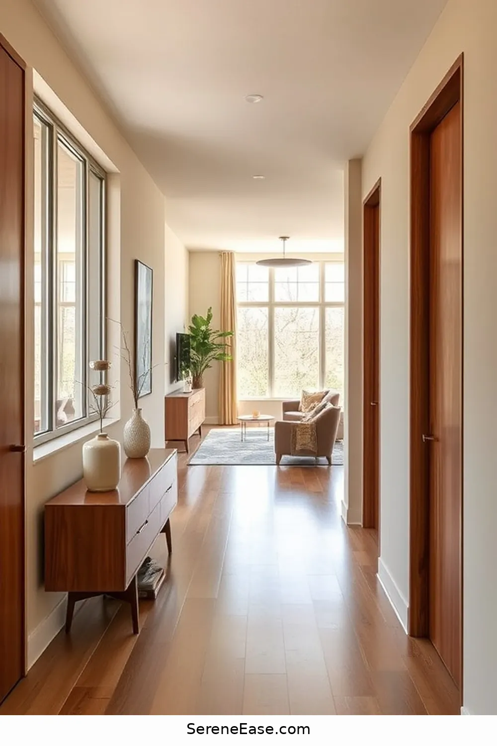 Maintaining a Cohesive Flow With Adjacent Spaces for Incorporating Neutral Tones in a Mid-Century Modern Hallway