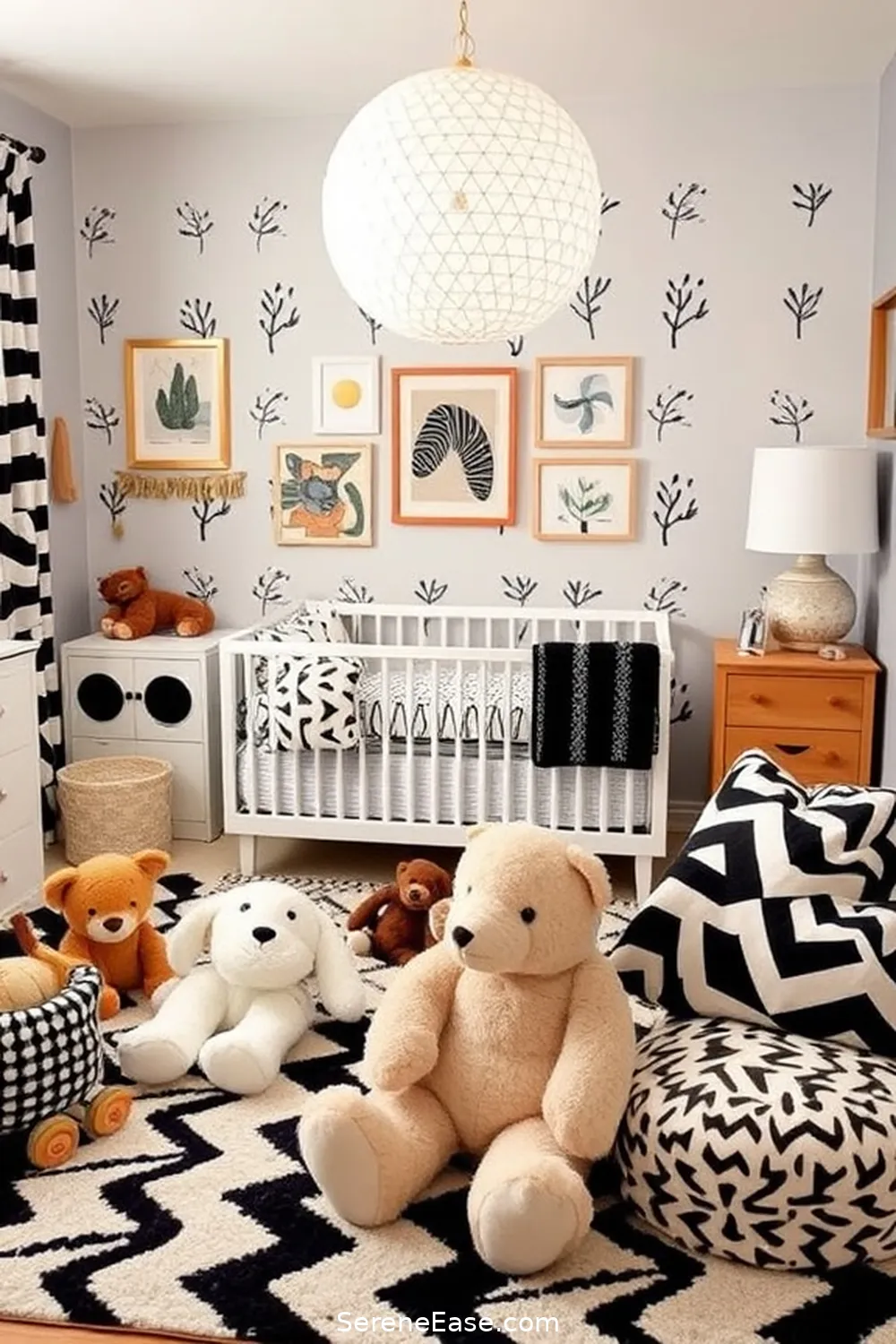Step-by-Step to Achieve a Black and White Mid Century Modern Nursery Style 11 Adding Playful Textiles and Patterns for Step-by-Step to Achieve a Black and White Mid Century Modern Nursery Style