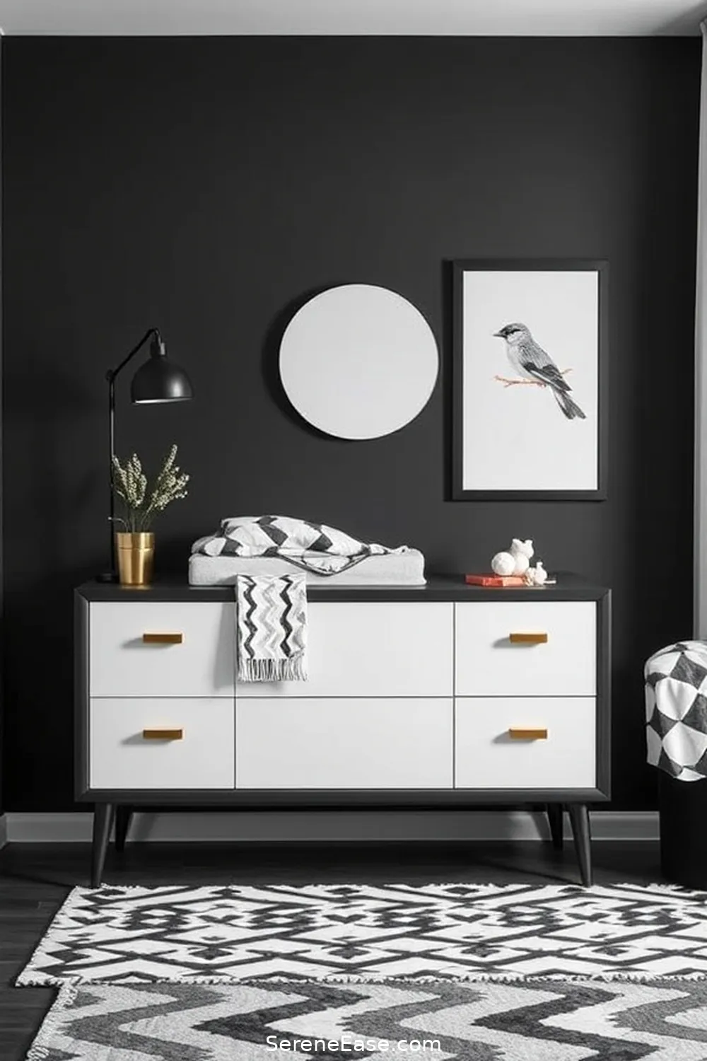 Step-by-Step to Achieve a Black and White Mid Century Modern Nursery Style 5 Incorporating Stylish Changing Tables for Step-by-Step to Achieve a Black and White Mid Century Modern Nursery Style