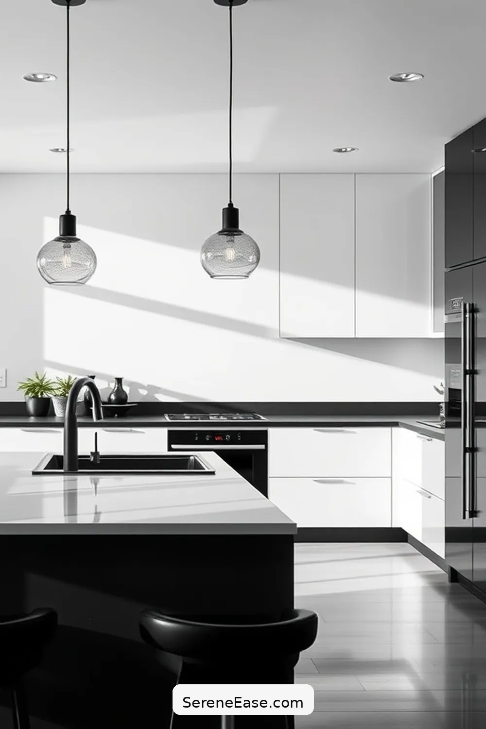 Focus on Functional Lighting for Tips to Achieve Black and White Minimalist Kitchen Style