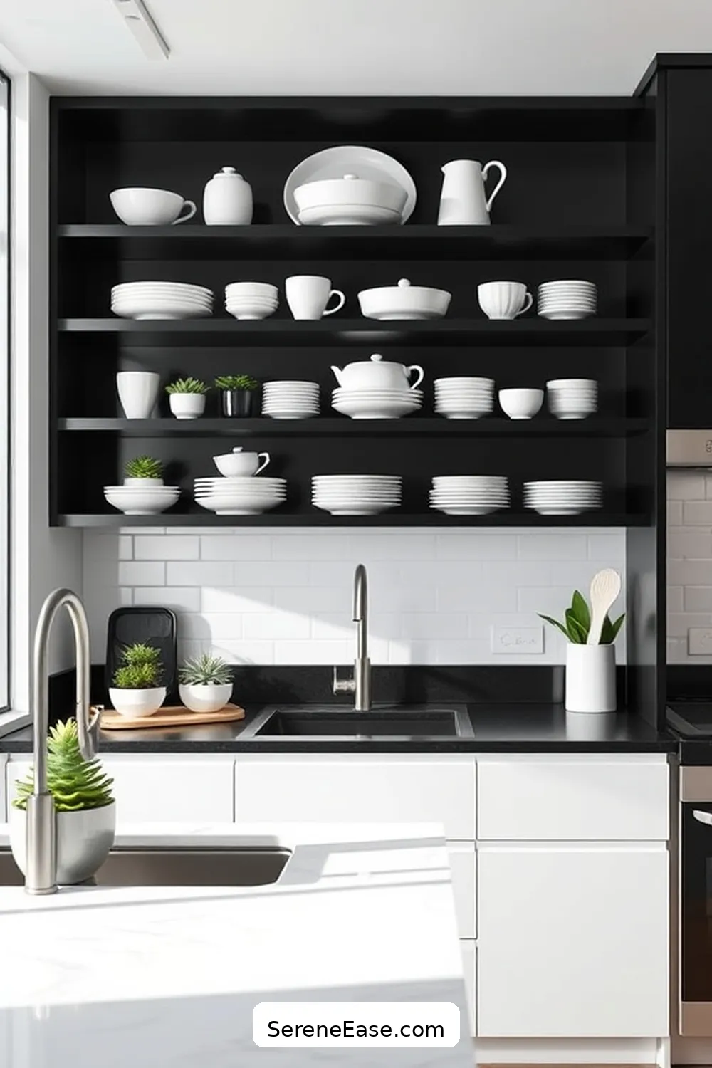 Use Open Shelving Wisely for Tips to Achieve Black and White Minimalist Kitchen Style