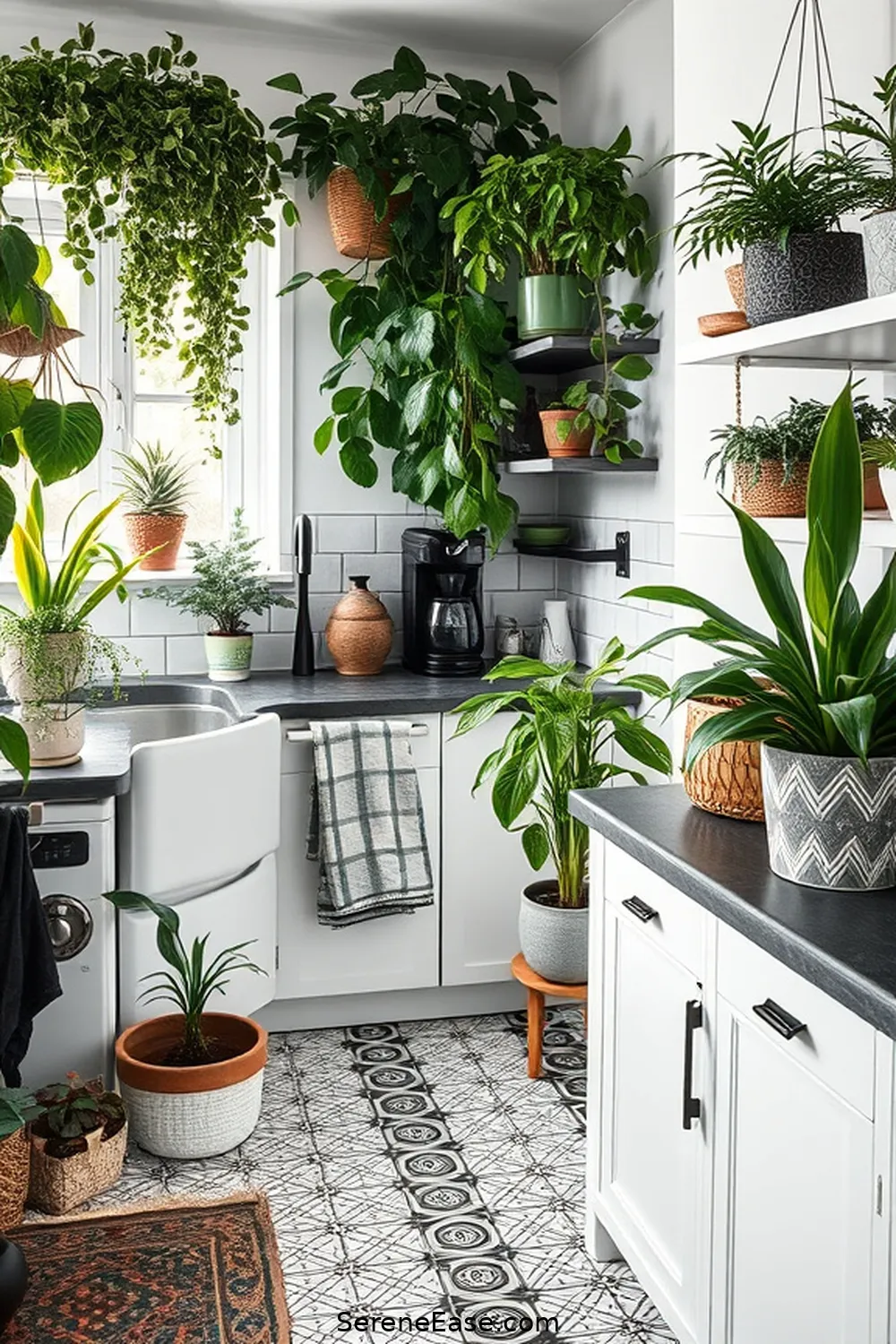 Transform Your Kitchen Into a Black and White Bohemian Style 5 Add Greenery With Potted Plants for Transform Your Kitchen Into a Black and White Bohemian Style
