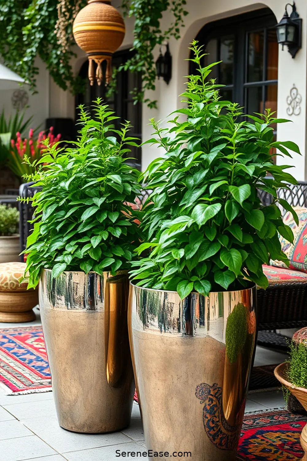 Transform Your Outdoor Patio With Metallic Accents in Bohemian Style 6 Use Metallic Planters to Elevate Greenery for Transform Your Outdoor Patio With Metallic Accents in Bohemian Style